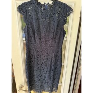 Lace navy cocktail wedding guest dress cap sleeves, illusion neckline, lg